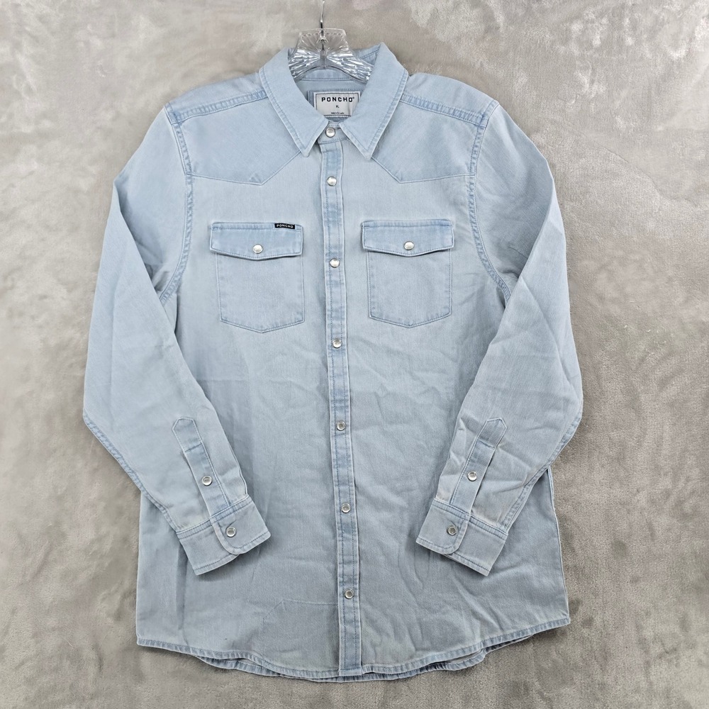 Poncho Western Shirt Kids XL Light Blue Denim Pearl Snap Long Sleeve Pocket